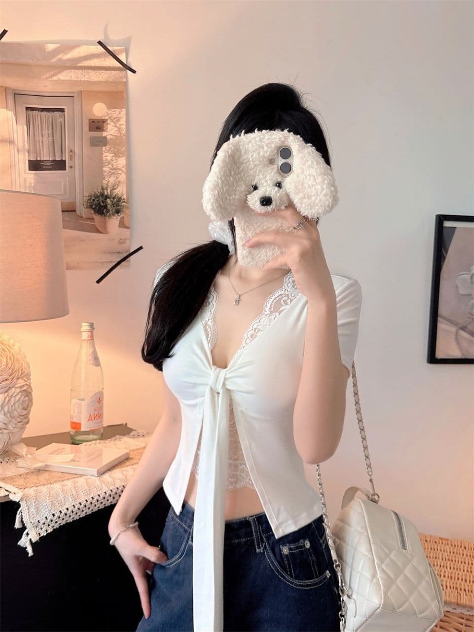 순수한 욕망 섹시함 레이스 측면 나비 넥타이 V넥 반팔 티셔츠 여성 여름 프랑스식 페이크 레이어드 벨트 가슴 패드 의류 상세 이미지 12