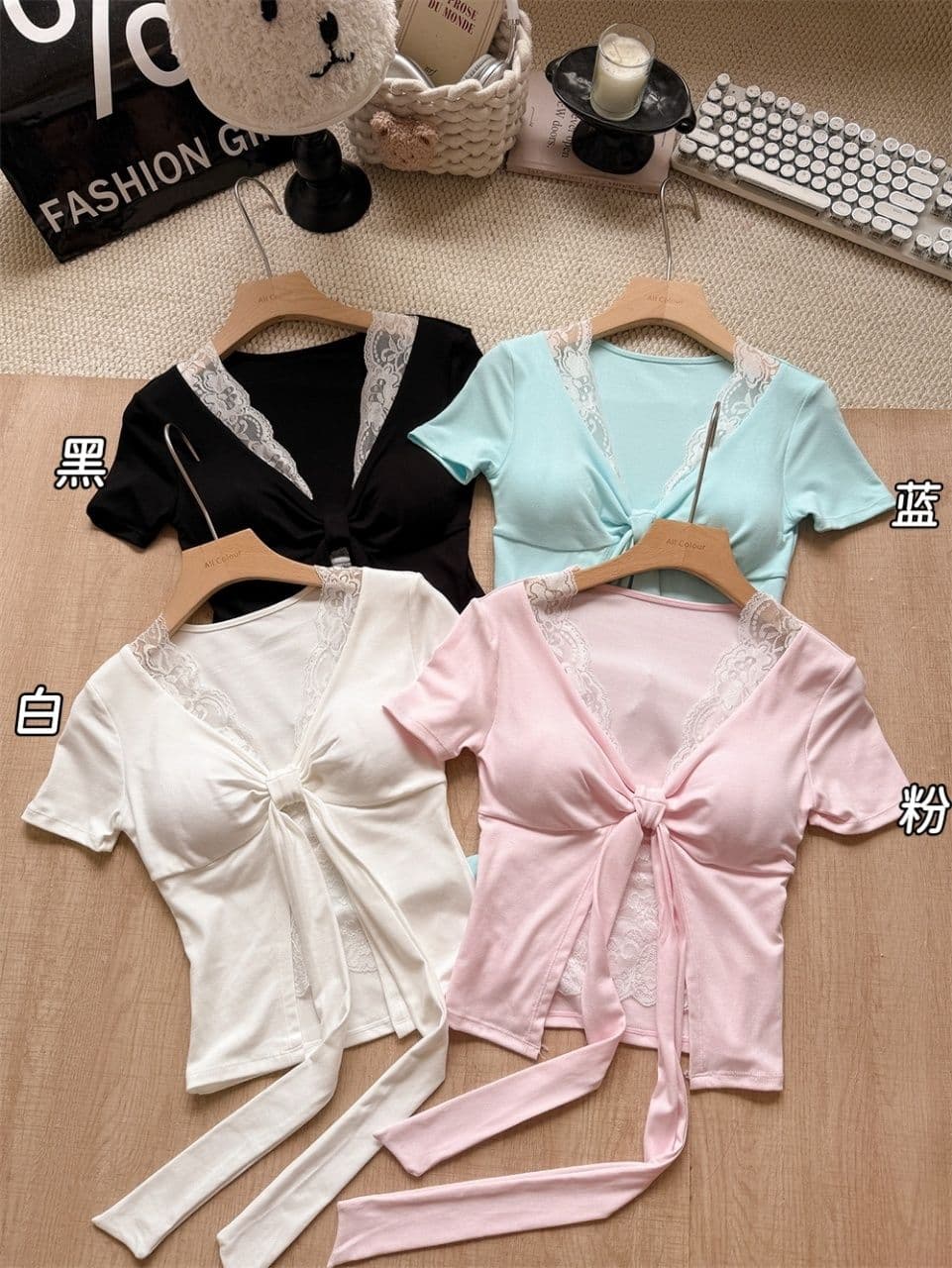 순수한 욕망 섹시함 레이스 측면 나비 넥타이 V넥 반팔 티셔츠 여성 여름 프랑스식 페이크 레이어드 벨트 가슴 패드 의류 상세 이미지 18
