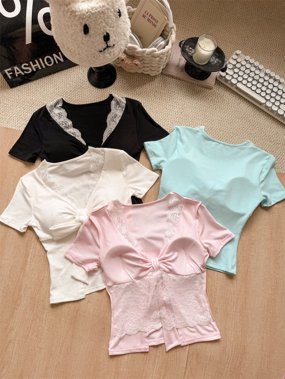 순수한 욕망 섹시함 레이스 측면 나비 넥타이 V넥 반팔 티셔츠 여성 여름 프랑스식 페이크 레이어드 벨트 가슴 패드 의류 상세 이미지 23