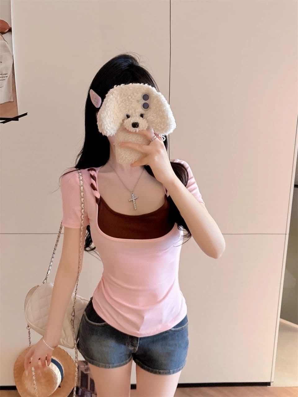 핫걸 바람 페이크 레이어드 배색 u 칼라 반팔 티셔츠 여성 여름 2026 새로운 순수한 욕망 다용도 슬림해 보이는 아름다운 맨위 상세 이미지 19