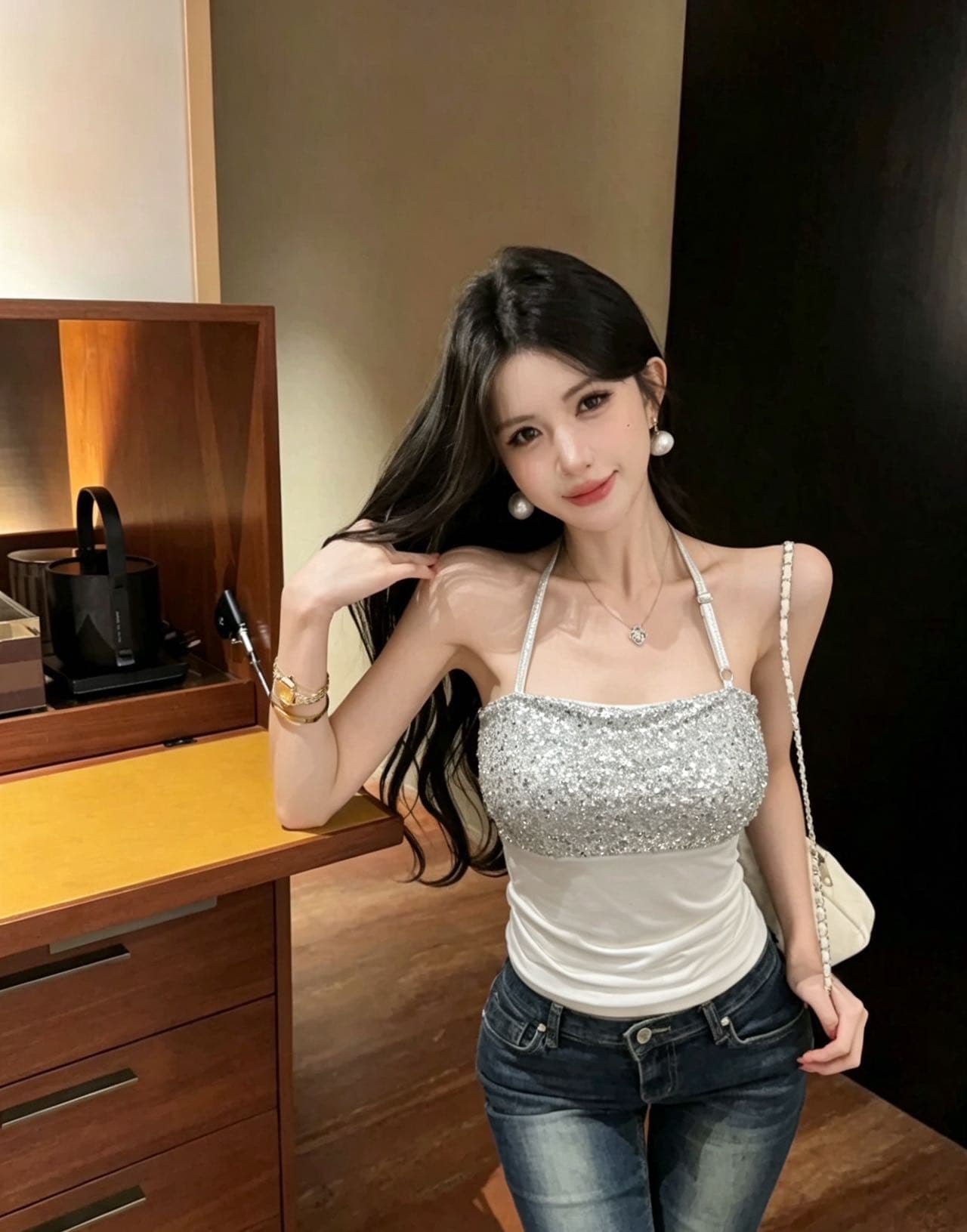 달콤한 핫걸 순수한 욕망 섹시함 슬립 디자인 센스 스팽글 패치워크 조끼 여성 여름 외출용 행침 목 맨위 품격 허리 수축 상세 이미지 5