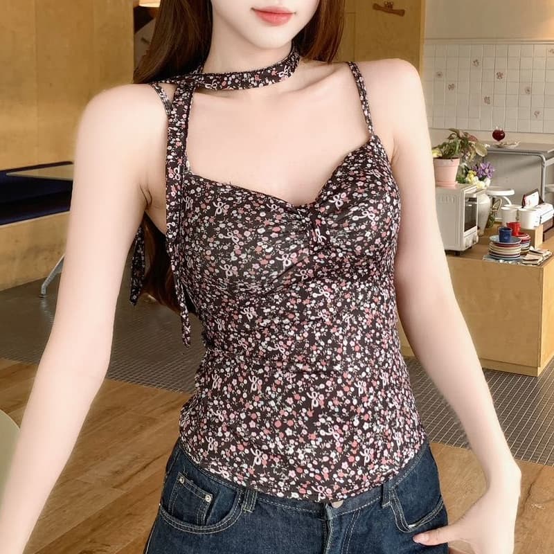 봄 여름 섹션 프랑스식 순수한 욕망 꽃무늬 탈착식 행침 목 레이스업 행침 목 슬립 둘 착용 표지 고기 슬림해 보이는 맨위 이미지 3