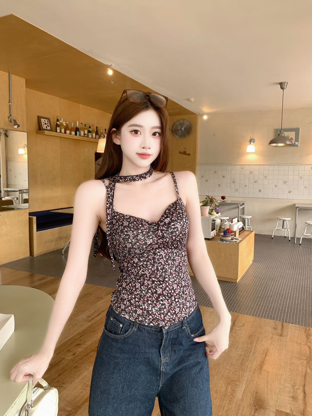 봄 여름 섹션 프랑스식 순수한 욕망 꽃무늬 탈착식 행침 목 레이스업 행침 목 슬립 둘 착용 표지 고기 슬림해 보이는 맨위 상세 이미지 1
