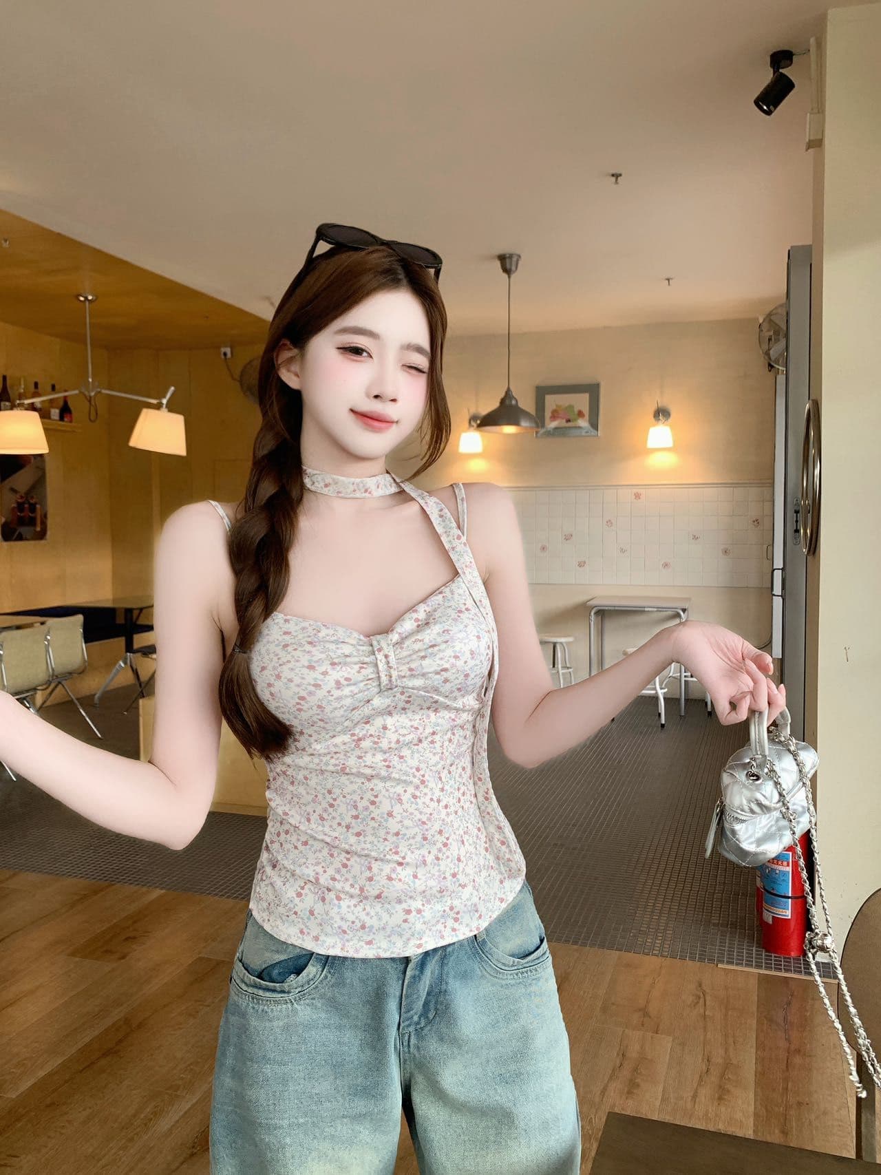 봄 여름 섹션 프랑스식 순수한 욕망 꽃무늬 탈착식 행침 목 레이스업 행침 목 슬립 둘 착용 표지 고기 슬림해 보이는 맨위 상세 이미지 9