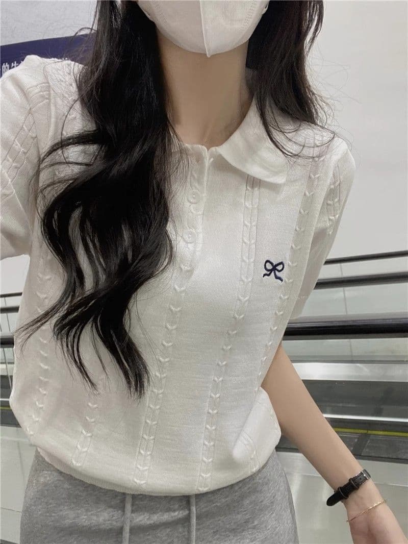 작은 대중 디자인 센스 POLO 칼라 나비 매듭 자수 반팔 니트 스웨터 여름 달콤함 연령 감소 다용도 맨위 여성 상세 이미지 11