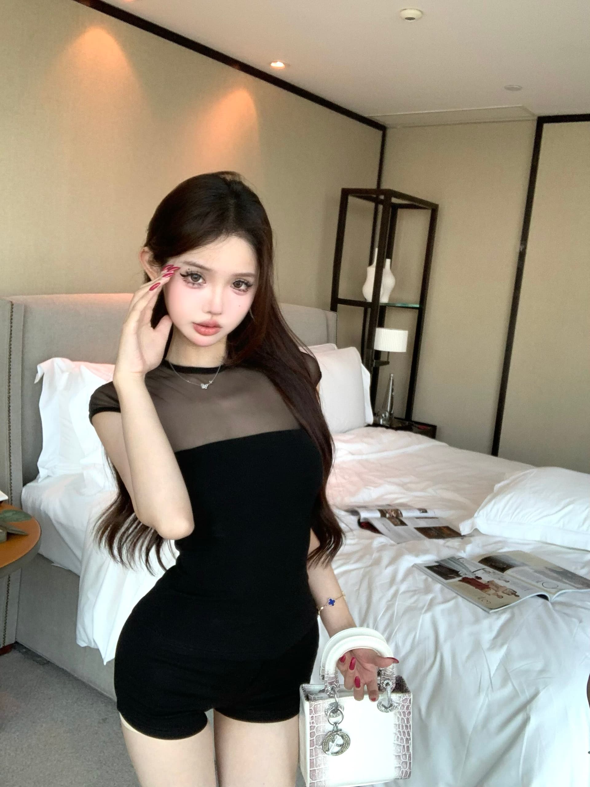 망사 패치워크 시스루 반팔 티셔츠 여성 여름 핫걸 섹시함 몸매 가꾸기 타이트 벨트 가슴 패드 의류 상세 이미지 11