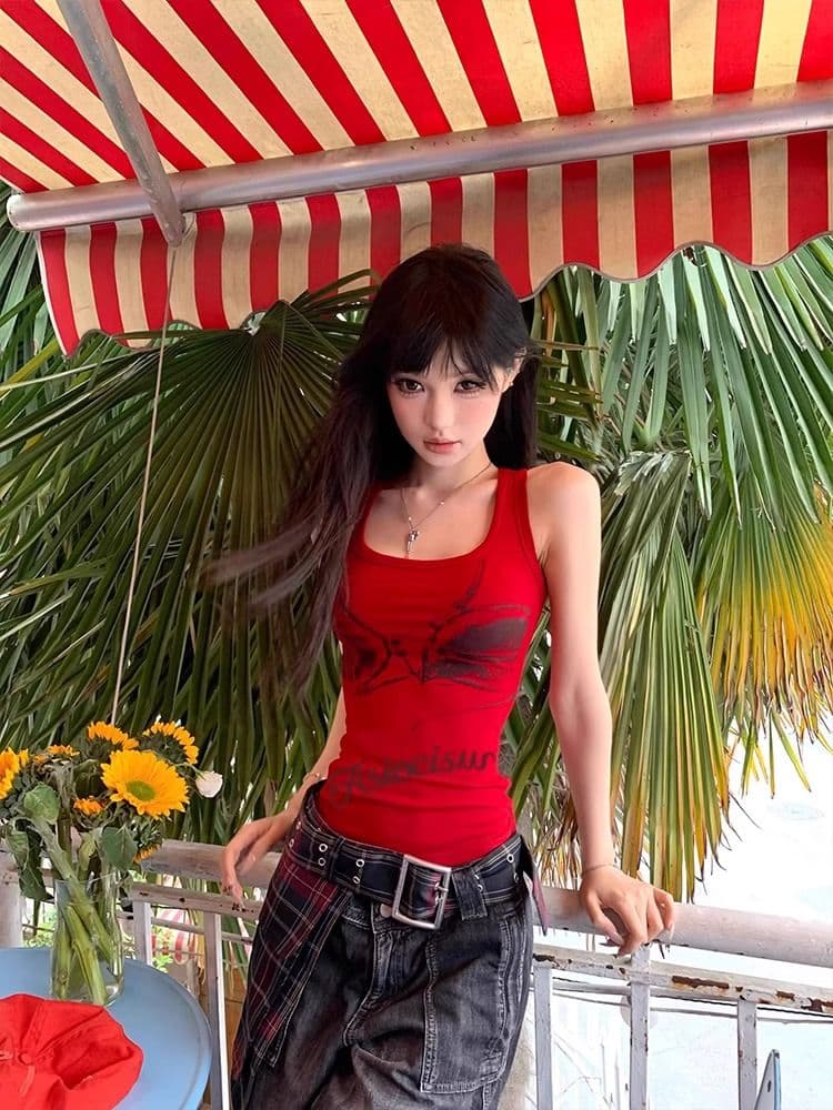 핫걸 낙서 프린트 민소매 단어 작은 조끼 여성 여름 몸매 가꾸기 슬림해 보이는 슬립 외출용 인사이드 잡아라. 의류 상세 이미지 1