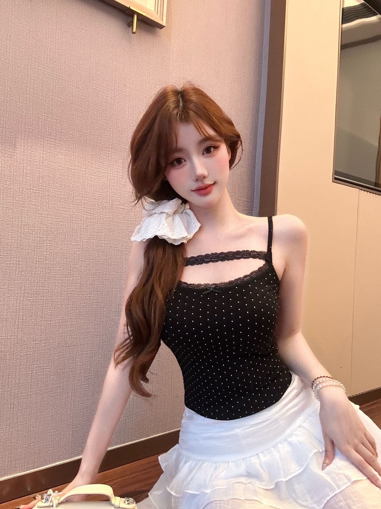 달콤함 도트 레이스 캐미솔 여름 벨트 가슴 패드 몸매 가꾸기 인사이드 가져 가라. 외출용 아름다움 뒤로 섹시함 핫걸 맨위 상세 이미지 8