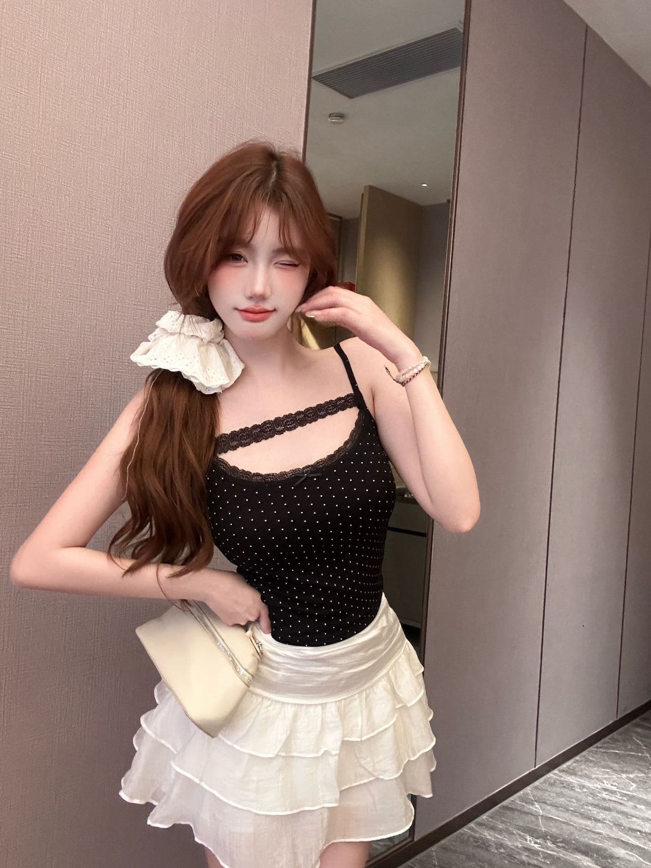 달콤함 도트 레이스 캐미솔 여름 벨트 가슴 패드 몸매 가꾸기 인사이드 가져 가라. 외출용 아름다움 뒤로 섹시함 핫걸 맨위 상세 이미지 9