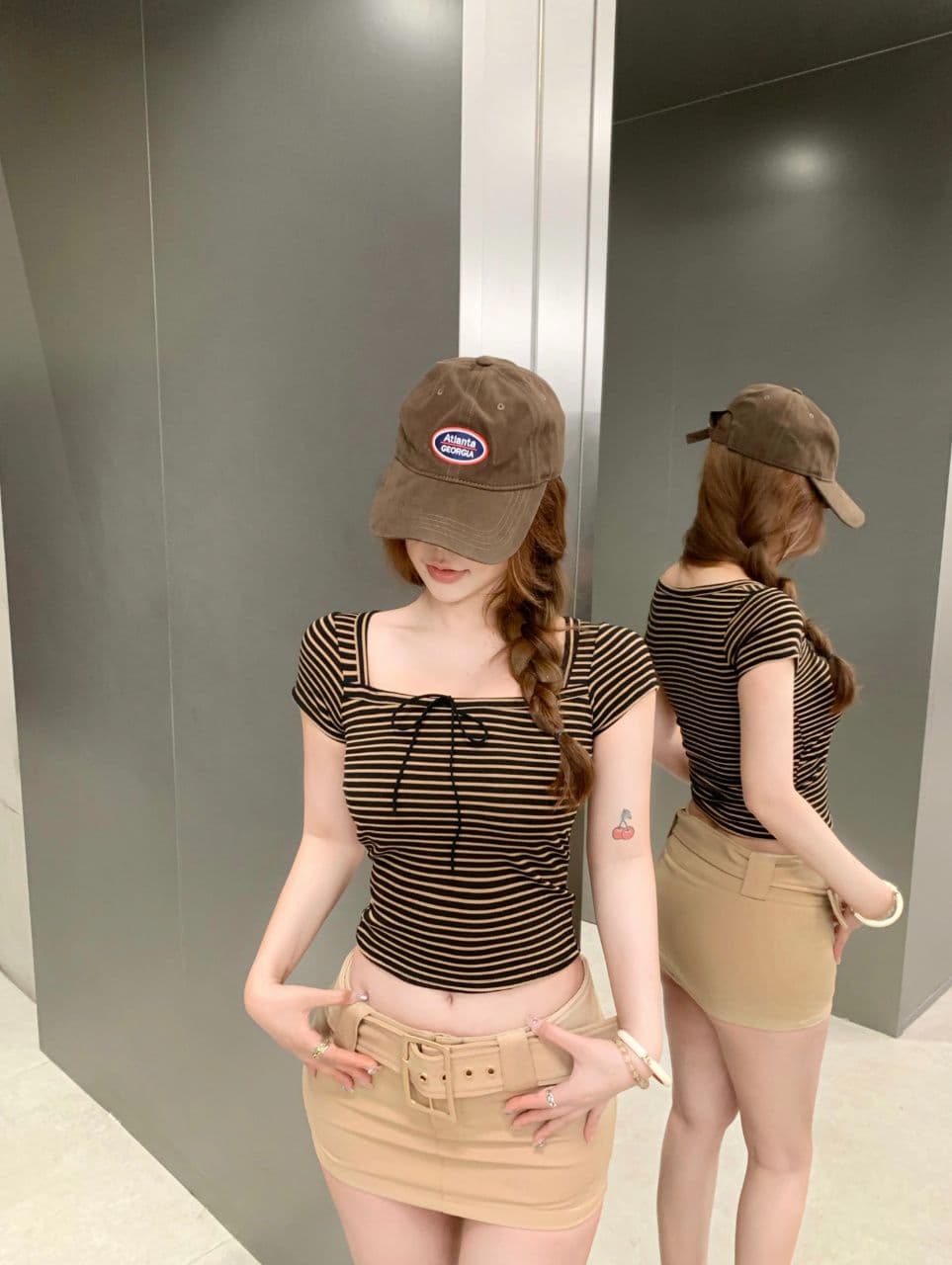 핫걸 바람 광장 칼라 스트라이프 반팔 티셔츠 여성 여름 섹션 몸매 가꾸기 레이스업 디자인 센스 작은 대중 백 잡아라. 벨트 가슴 패드 상세 이미지 17