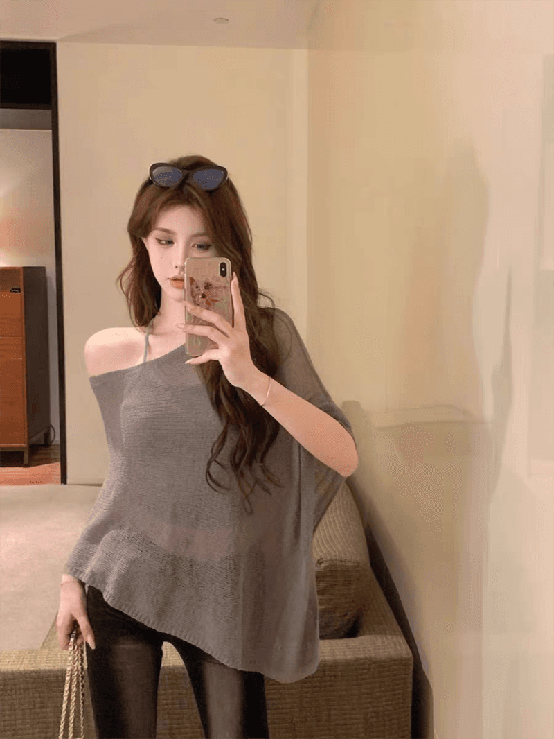 레트로 얇은 스타일 비스듬한 어깨 민소매 니트 스웨터 여성 여름 새로운 한국 스타일 루즈핏 불규칙 망토 블라우스 맨위 트렌디 상세 이미지 20