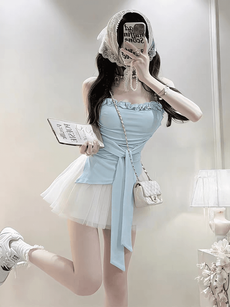 한 부서 부드러운 바람 레이스 튜브탑 조끼 여성 여름 순수한 욕망 디자인 센스 슬림해 보이는 다용도 불규칙 스트랩 맨위 상세 이미지 8