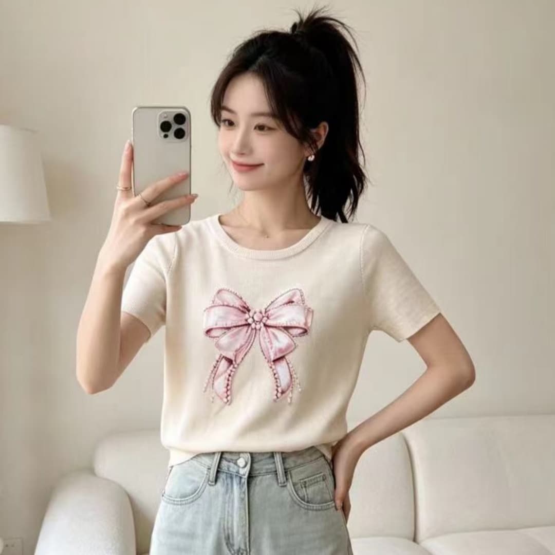 나비 매듭 광장 칼라 긍정적 인 어깨 반팔 티셔츠 여성 여름 2026 새로운 순수한 욕망 달콤한 핫걸 쇼트 스타일 작은 맨위 반소매 상세 이미지 3