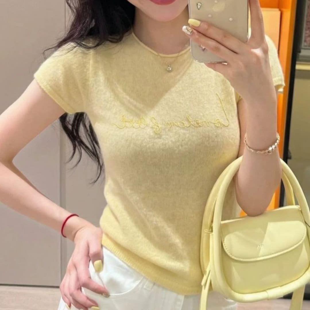 한 부서 황색 알파벳 긍정적 인 어깨 반팔 티셔츠 여성 여름 새로운 슈퍼 화재 연령 감소 자이언트 잘 생긴 아름다운 맨위 이미지 4
