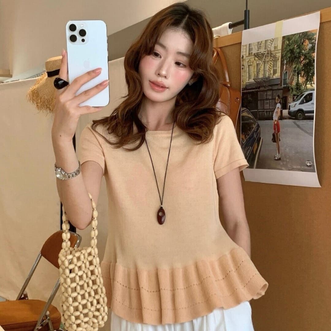 the limon 레몬 녹차 2026 한 부서 주름 레이스 디자인 센스 외국 가스 반팔 티셔츠 니트 맨위 여성 이미지 3