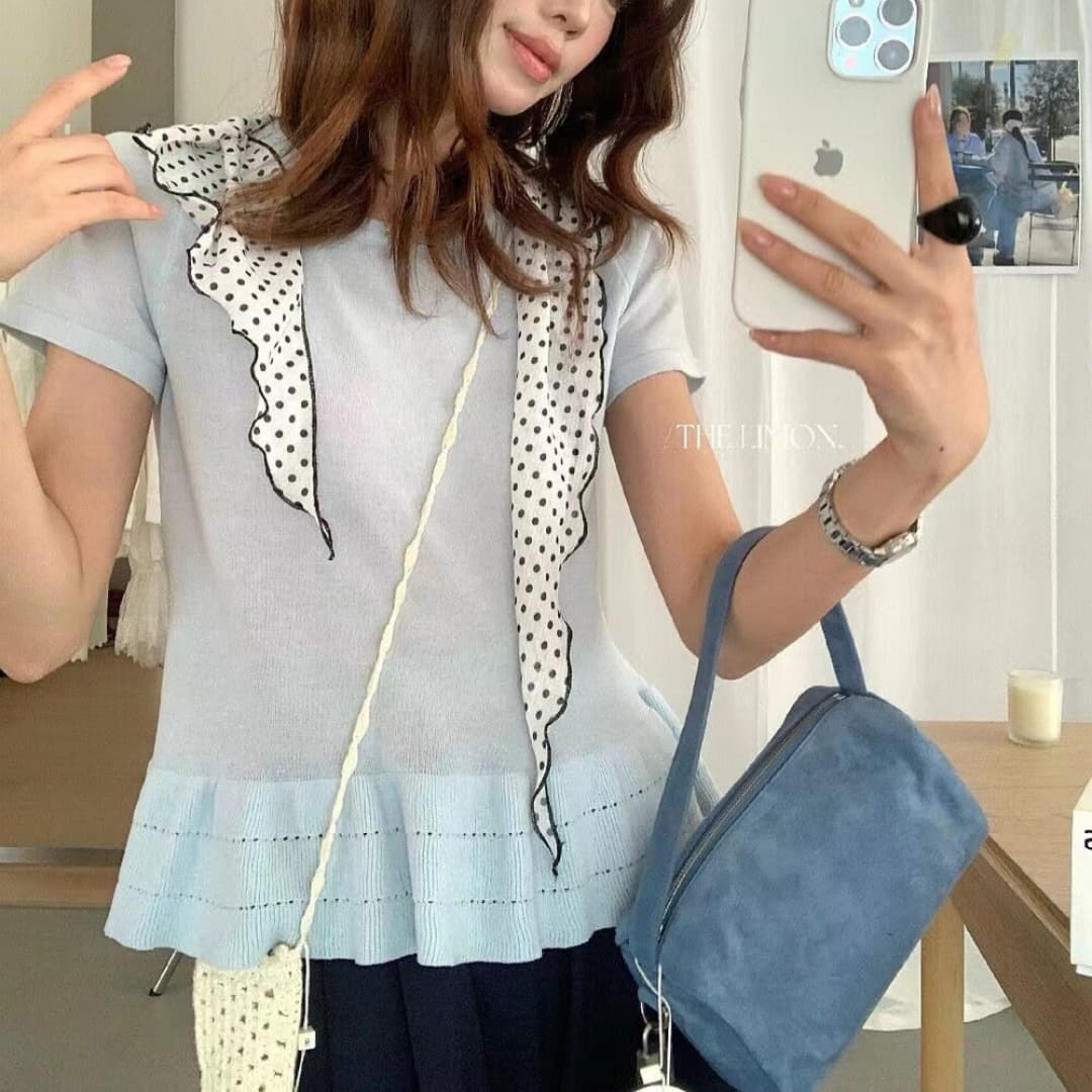 the limon 레몬 녹차 2026 한 부서 주름 레이스 디자인 센스 외국 가스 반팔 티셔츠 니트 맨위 여성 이미지 2