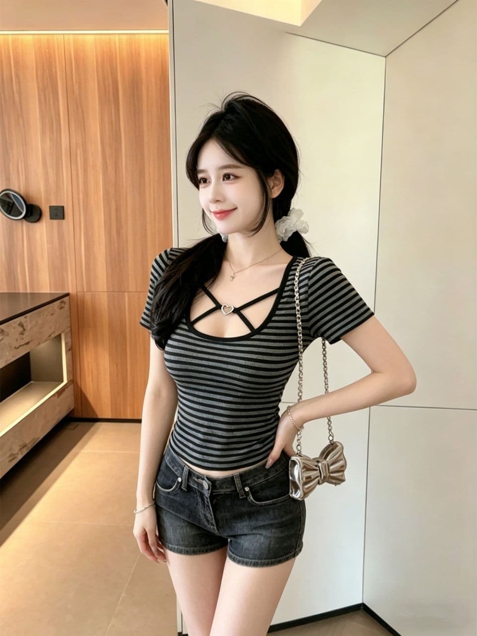 섹시함 홀로우 아웃 십자가 광장 칼라 반팔 티셔츠 여성 여름 새로운 핫걸 바람 몸매 가꾸기 슬림해 보이는 고유 한 아름다운 맨위 상세 이미지 4