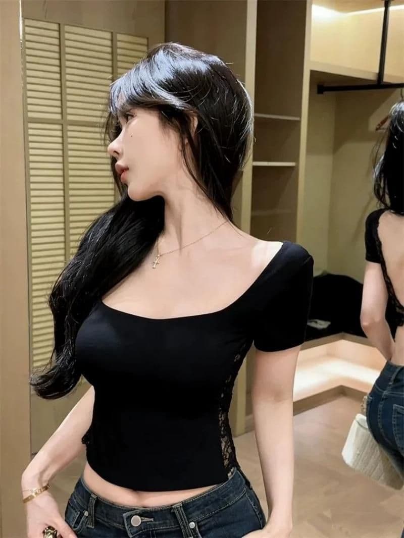 순수한 욕망 바람 섹시함 레이스 V넥 백리스 반팔 티셔츠 여성 의류 여름 디자인 센스 쇼트 스타일 몸매 가꾸기 기본 셔츠 맨위 상세 이미지 10