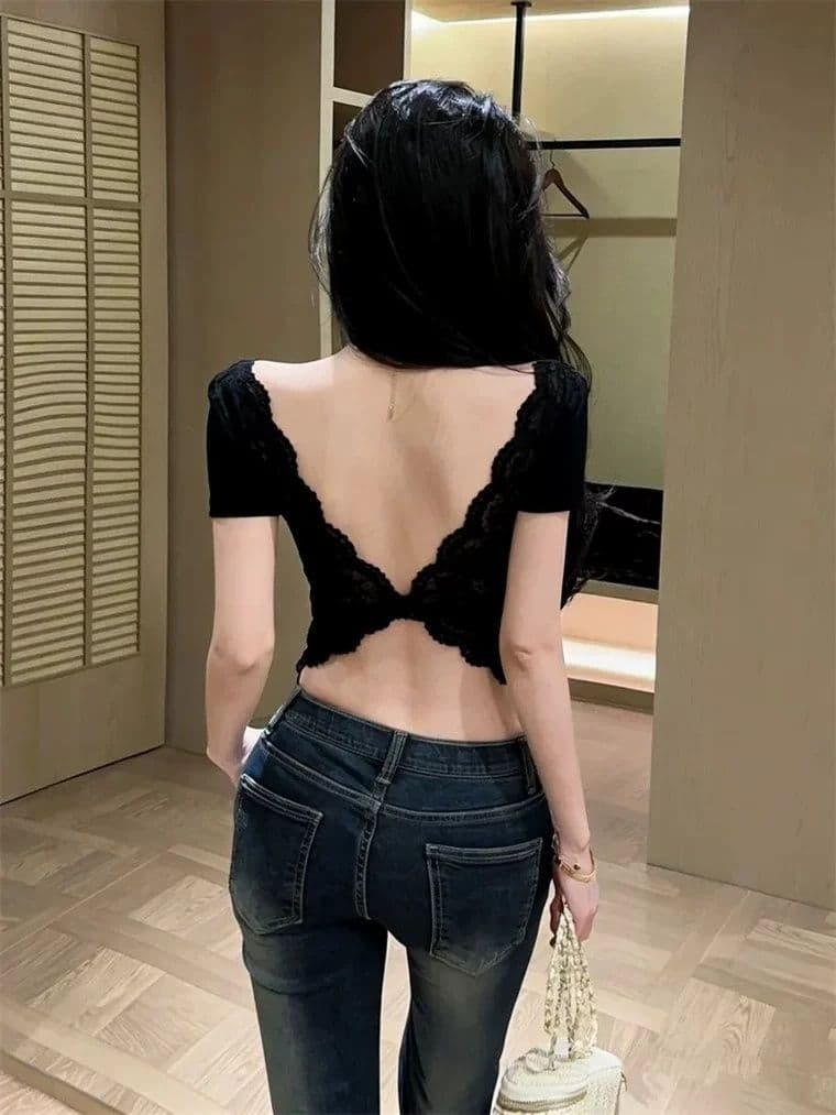 순수한 욕망 바람 섹시함 레이스 V넥 백리스 반팔 티셔츠 여성 의류 여름 디자인 센스 쇼트 스타일 몸매 가꾸기 기본 셔츠 맨위 상세 이미지 11