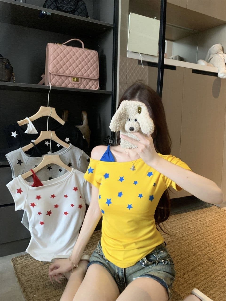 오프숄더 몸매 가꾸기 디자인 별 프린트 비스듬한 어깨 슬립 반팔 페이크 레이어드 도파민 느긋한 바람 다용도 맨위 여성 상세 이미지 1