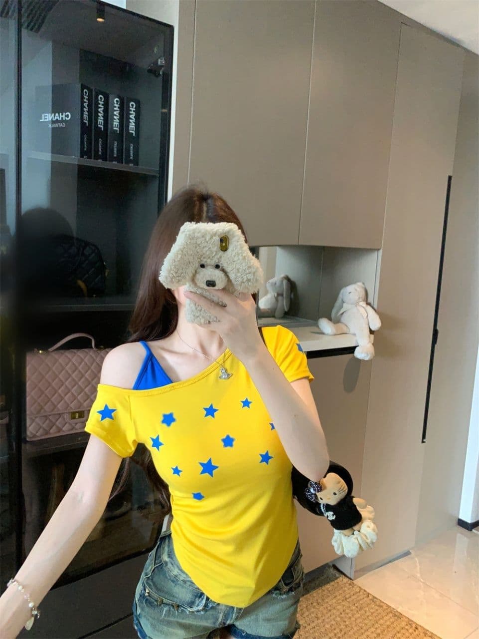 오프숄더 몸매 가꾸기 디자인 별 프린트 비스듬한 어깨 슬립 반팔 페이크 레이어드 도파민 느긋한 바람 다용도 맨위 여성 상세 이미지 4