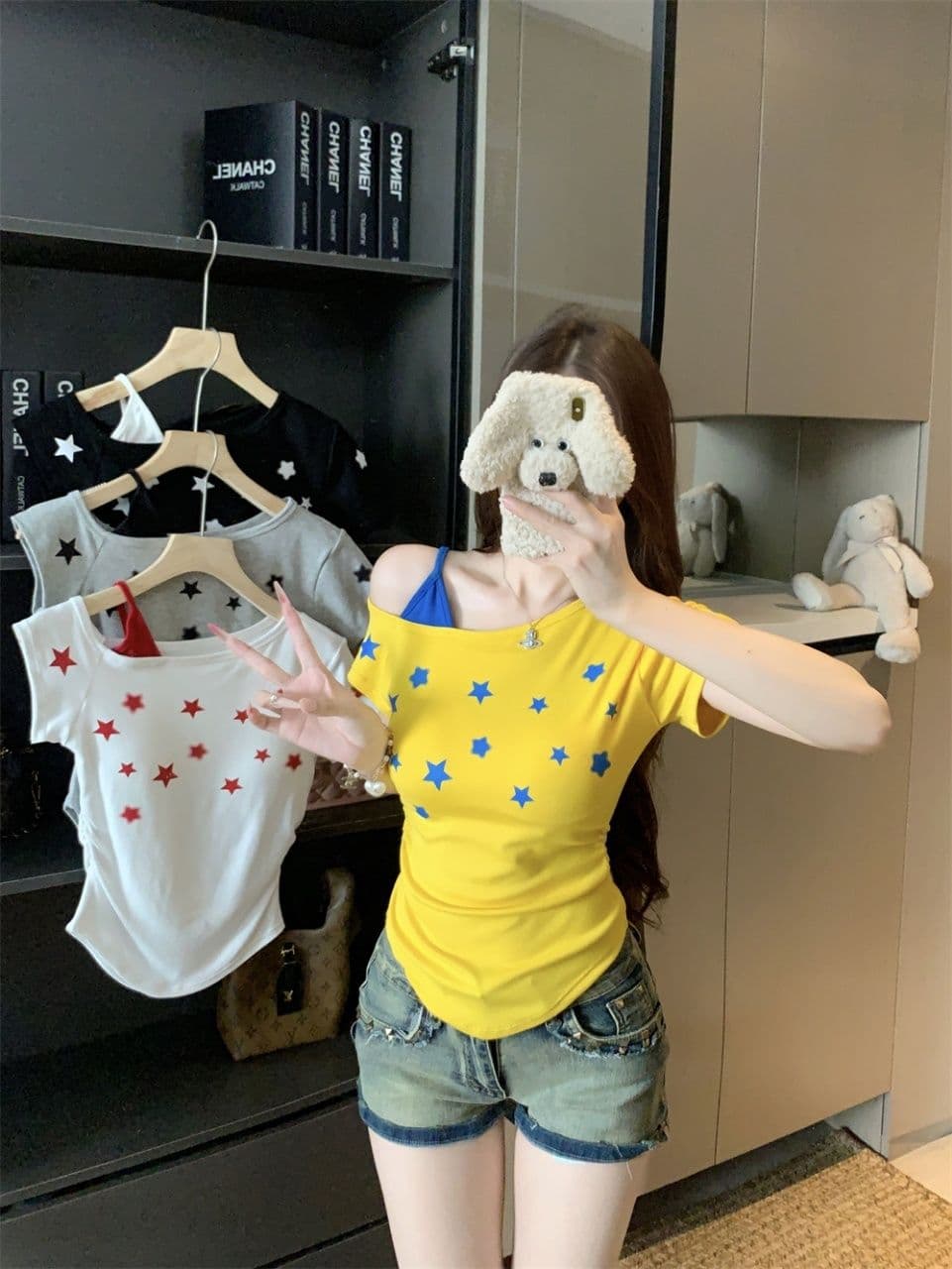 오프숄더 몸매 가꾸기 디자인 별 프린트 비스듬한 어깨 슬립 반팔 페이크 레이어드 도파민 느긋한 바람 다용도 맨위 여성 상세 이미지 5