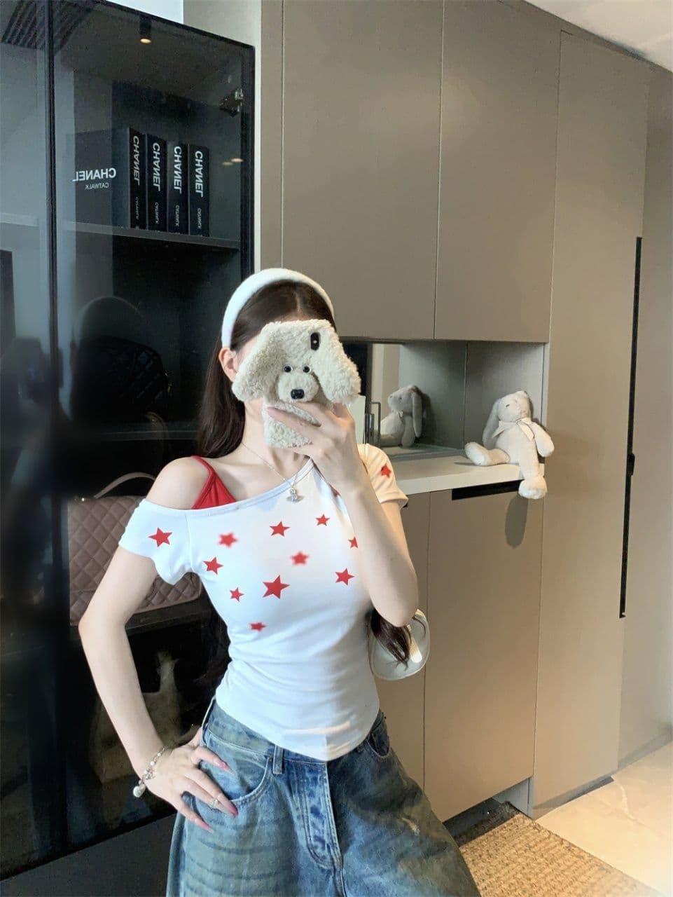 오프숄더 몸매 가꾸기 디자인 별 프린트 비스듬한 어깨 슬립 반팔 페이크 레이어드 도파민 느긋한 바람 다용도 맨위 여성 상세 이미지 7