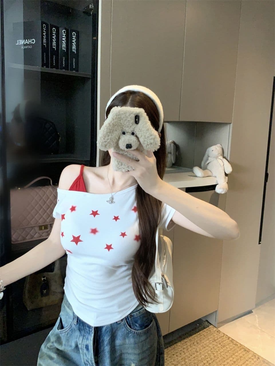 오프숄더 몸매 가꾸기 디자인 별 프린트 비스듬한 어깨 슬립 반팔 페이크 레이어드 도파민 느긋한 바람 다용도 맨위 여성 상세 이미지 8