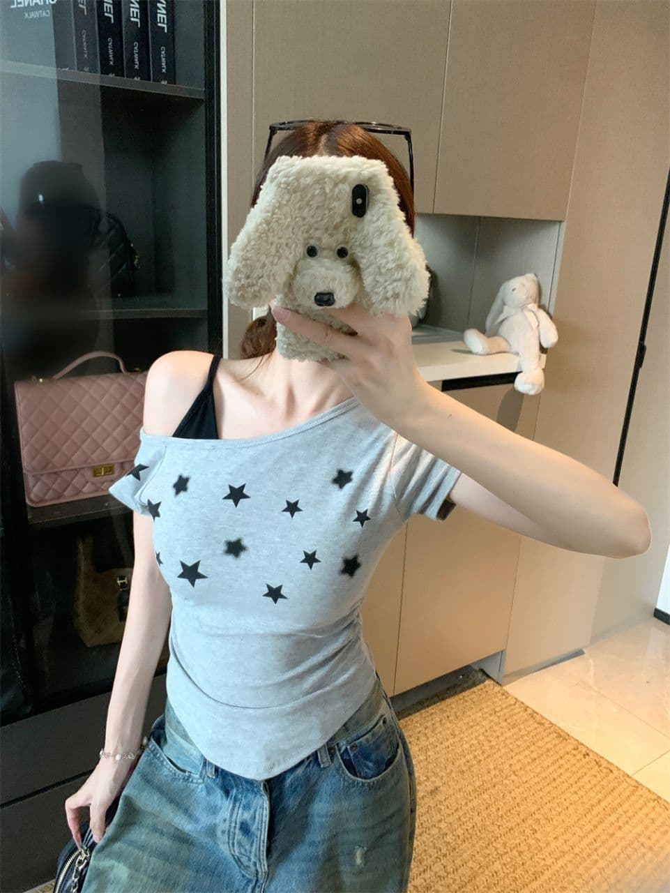 오프숄더 몸매 가꾸기 디자인 별 프린트 비스듬한 어깨 슬립 반팔 페이크 레이어드 도파민 느긋한 바람 다용도 맨위 여성 상세 이미지 16