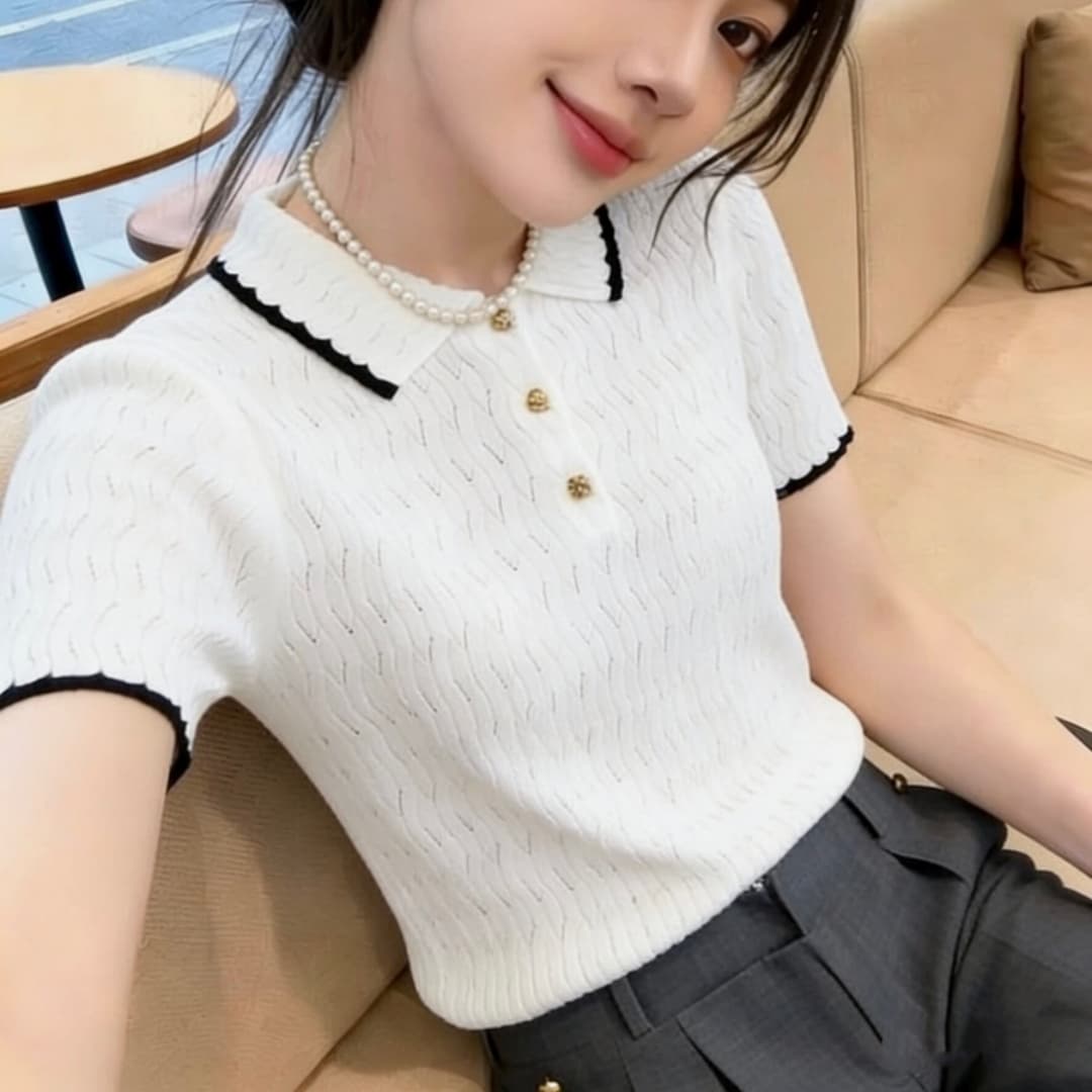 한 부서 작은 대중 배색 측면 POLO 칼라 반팔 니트 스웨터 여성 여름 새로운 슬림해 보이는 몸매 가꾸기 다용도 착용 잡아라. 의류
