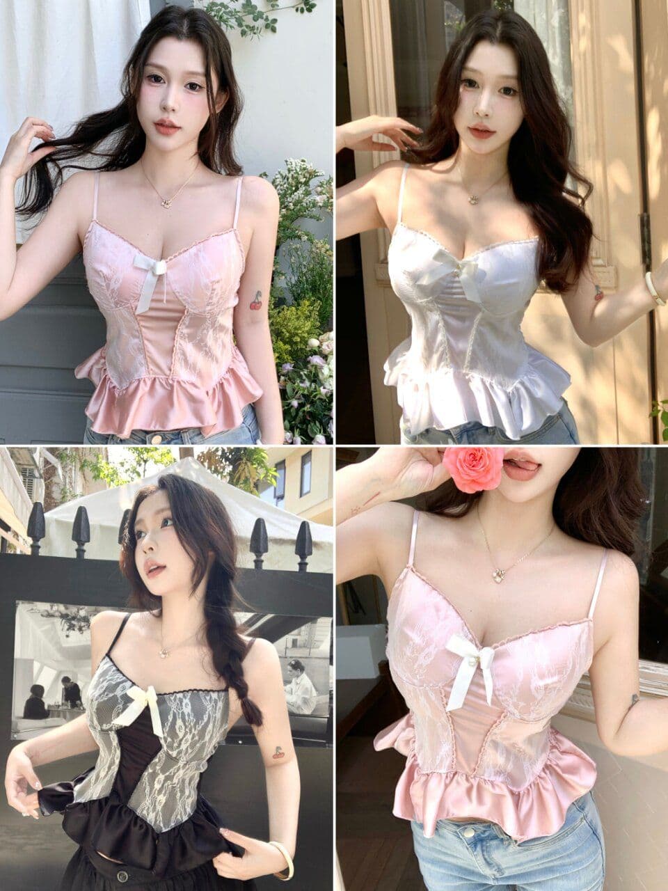 있음 선적 달콤한 스타일 레이스 조각 V넥 프릴 밑단 패치워크 캐미솔 몸매 가꾸기 맨위 상세 이미지 12