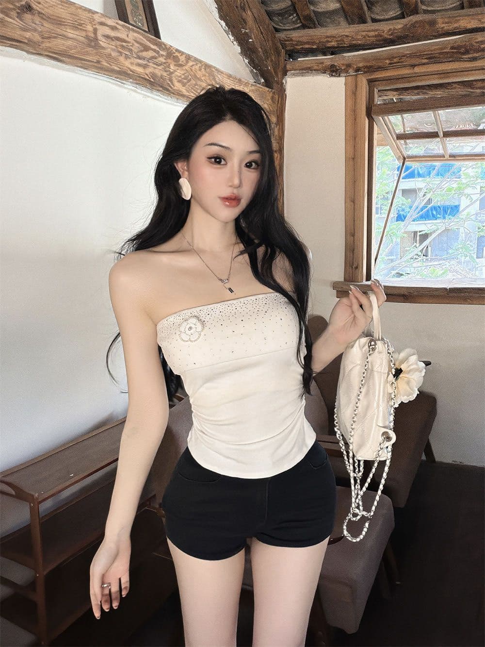 동백 나무 핫픽스 캐미솔 여름 순수한 욕망 핫걸 오프숄더 튜브탑 작은 켜기 벨트 가슴 패드 태국 아름다운 상세 이미지 5