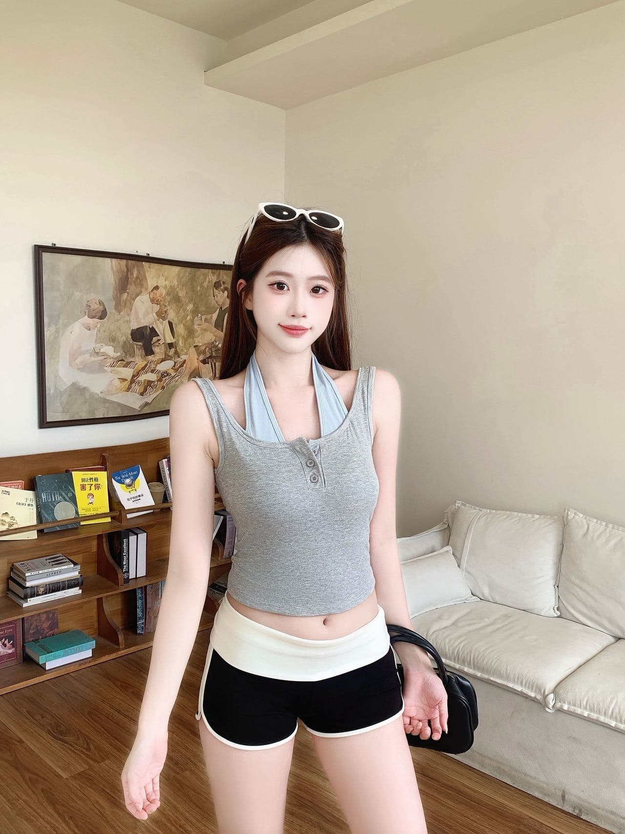 한 부서 회색 페이크 레이어드 u 칼라 작은 슬링 조끼 여성 여름 아름다운 아름다운 고급 센스 민소매 인사이드 잡아라. 의류 상세 이미지 8