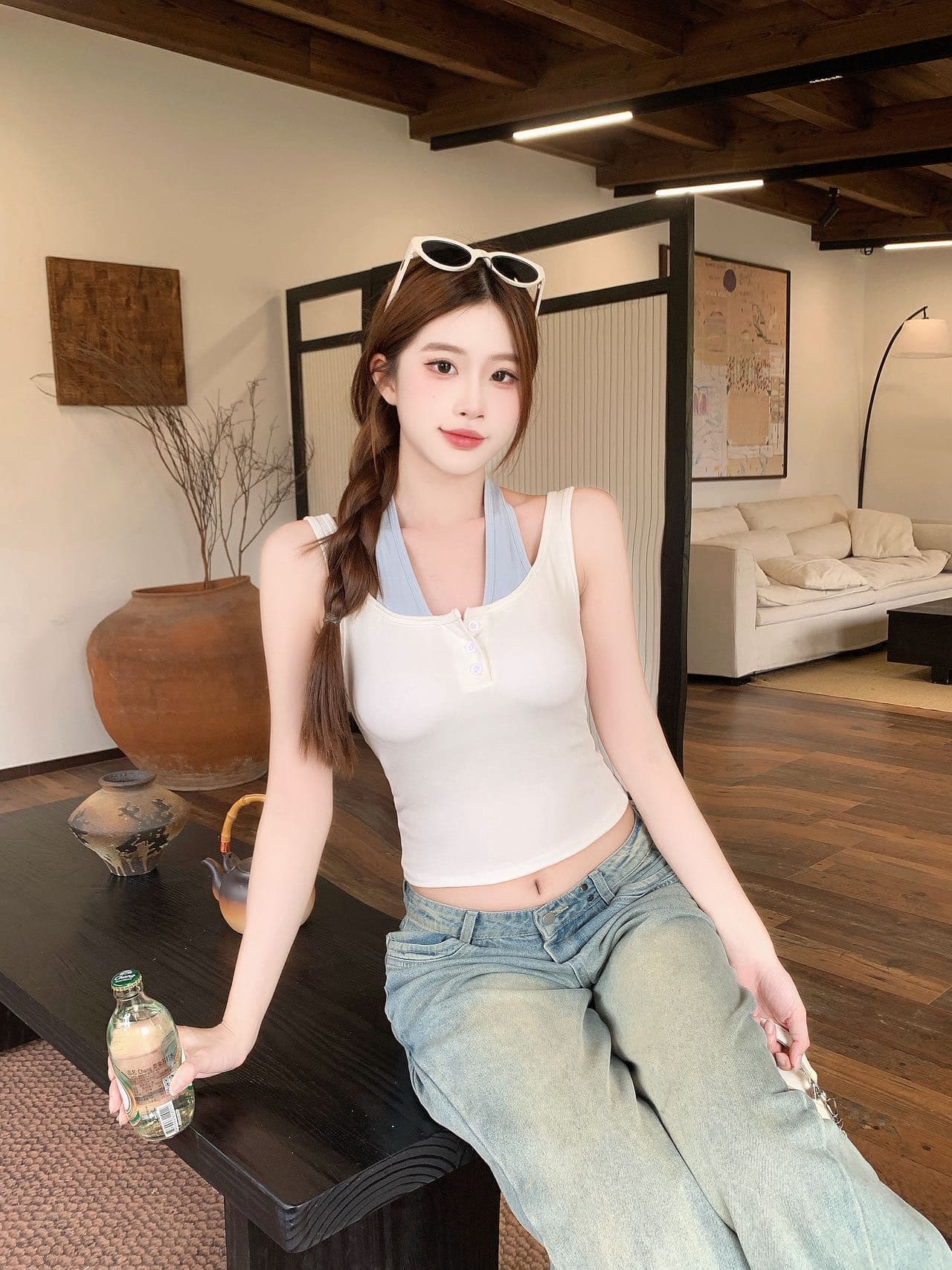 한 부서 회색 페이크 레이어드 u 칼라 작은 슬링 조끼 여성 여름 아름다운 아름다운 고급 센스 민소매 인사이드 잡아라. 의류 상세 이미지 11