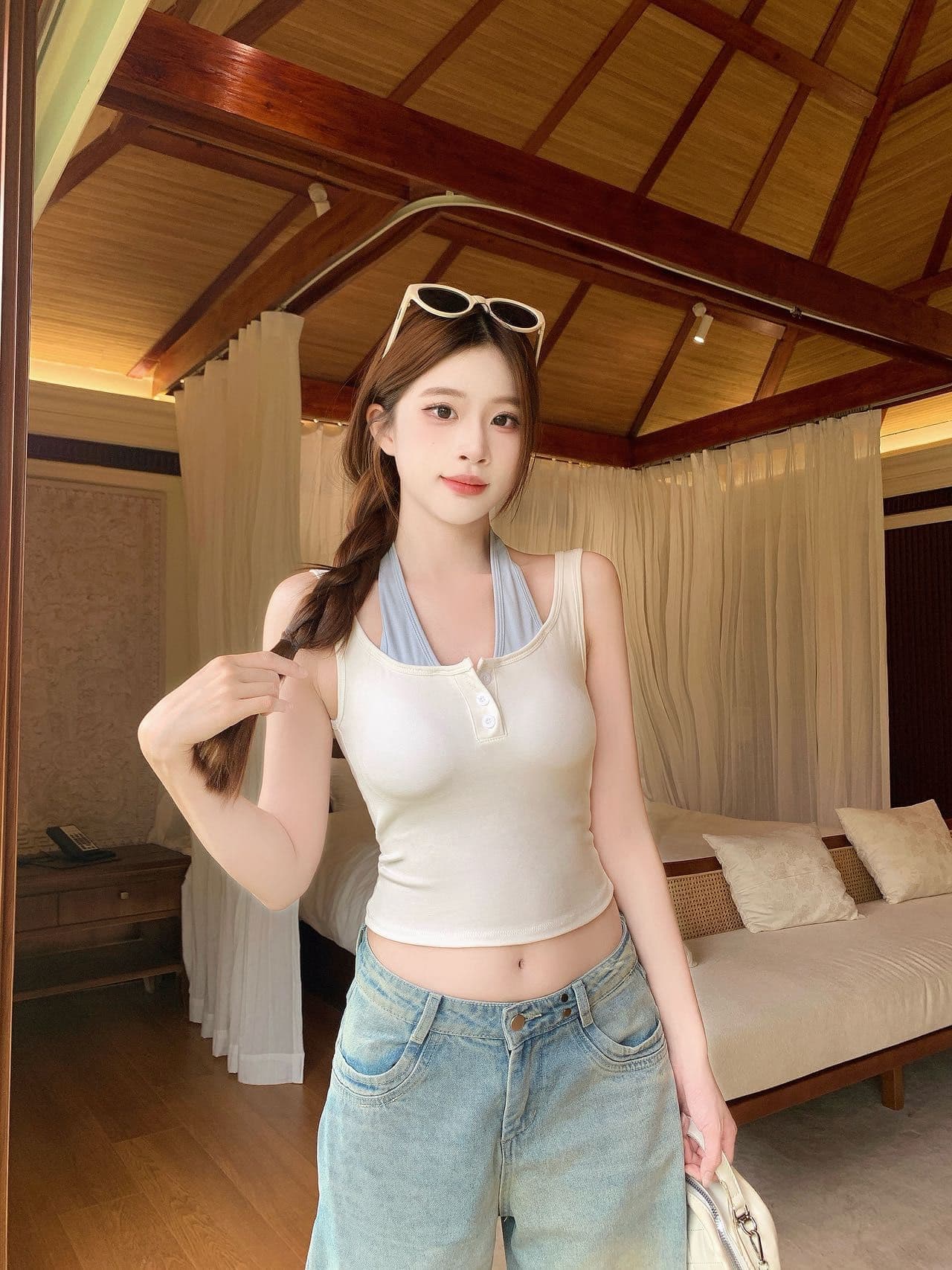 한 부서 회색 페이크 레이어드 u 칼라 작은 슬링 조끼 여성 여름 아름다운 아름다운 고급 센스 민소매 인사이드 잡아라. 의류 상세 이미지 13