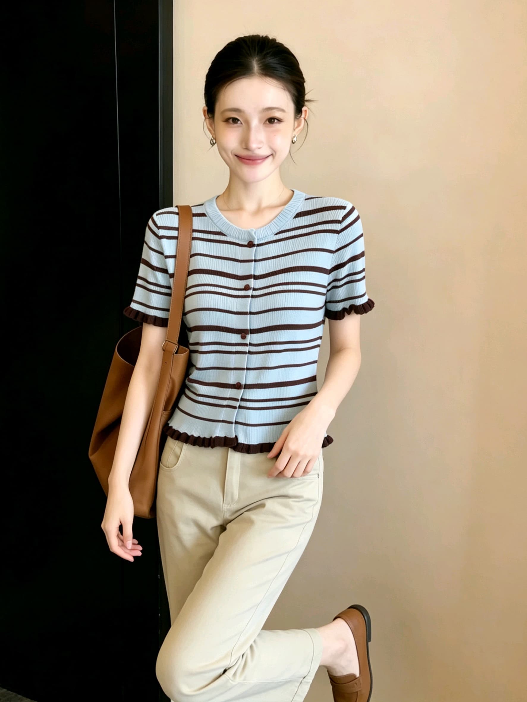 파란색 패치워크 miu 부서 배색 라운드 넥 프릴 니트 반팔 오픈 가디건 여름 새로운 몸매 가꾸기 캐주얼 맨위 상세 이미지 4
