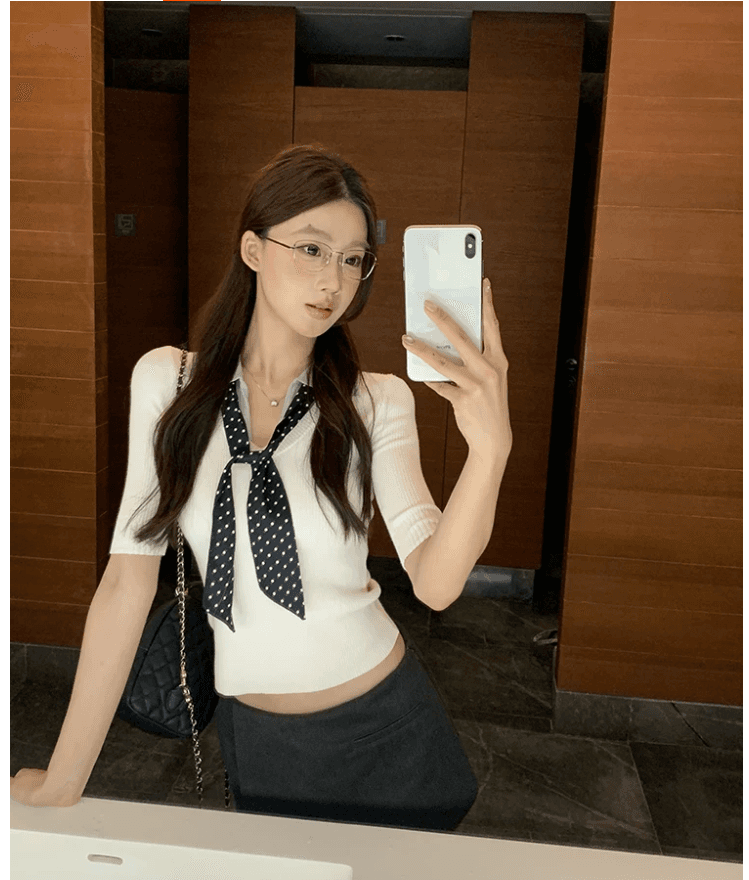 한 부서 학원 스타일 넥타이 폴로 칼라 반팔 니트 스웨터 여성 여름 2026 새로운 페이크 레이어드 몸매 가꾸기 슬림해 보이는 맨위 상세 이미지 11