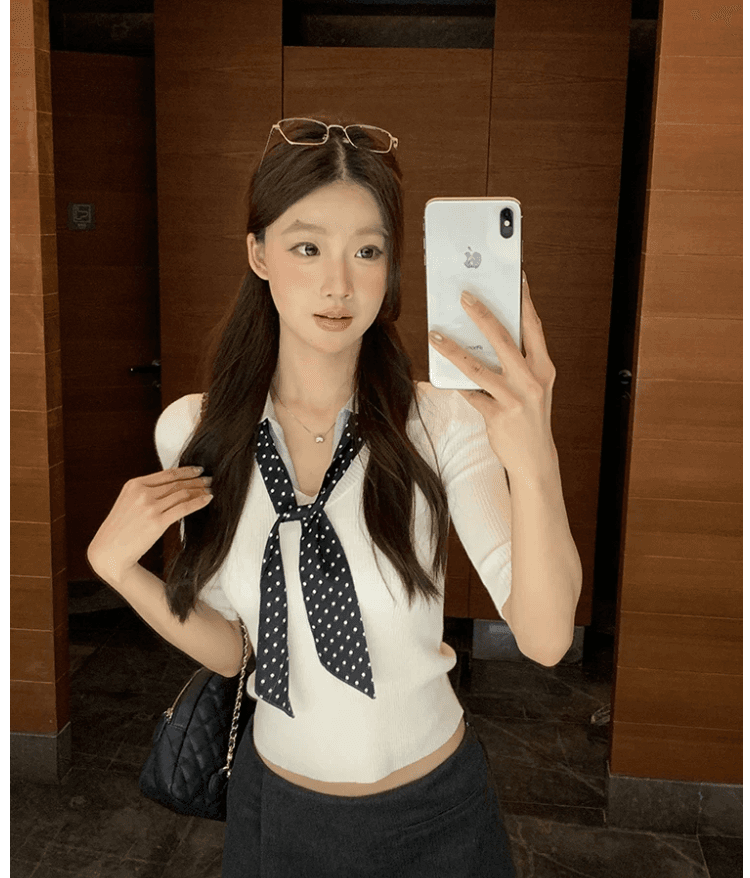 한 부서 학원 스타일 넥타이 폴로 칼라 반팔 니트 스웨터 여성 여름 2026 새로운 페이크 레이어드 몸매 가꾸기 슬림해 보이는 맨위 상세 이미지 12