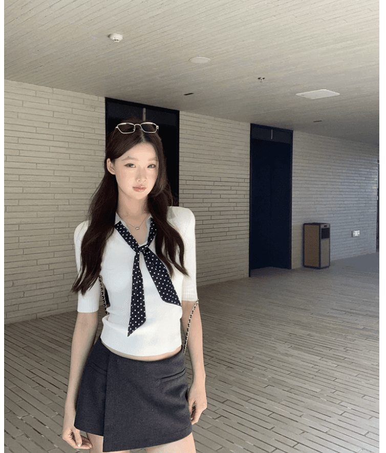 한 부서 학원 스타일 넥타이 폴로 칼라 반팔 니트 스웨터 여성 여름 2026 새로운 페이크 레이어드 몸매 가꾸기 슬림해 보이는 맨위 상세 이미지 14