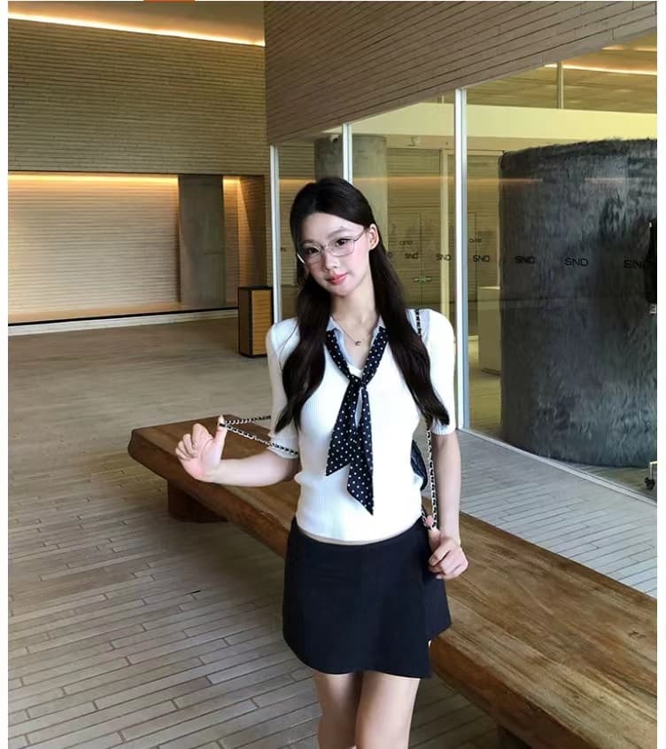 한 부서 학원 스타일 넥타이 폴로 칼라 반팔 니트 스웨터 여성 여름 2026 새로운 페이크 레이어드 몸매 가꾸기 슬림해 보이는 맨위 상세 이미지 18