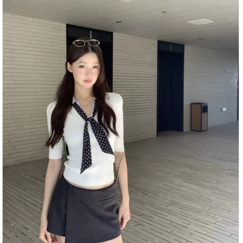 한 부서 학원 스타일 넥타이 폴로 칼라 반팔 니트 스웨터 여성 여름 2026 새로운 페이크 레이어드 몸매 가꾸기 슬림해 보이는 맨위 상세 이미지 19