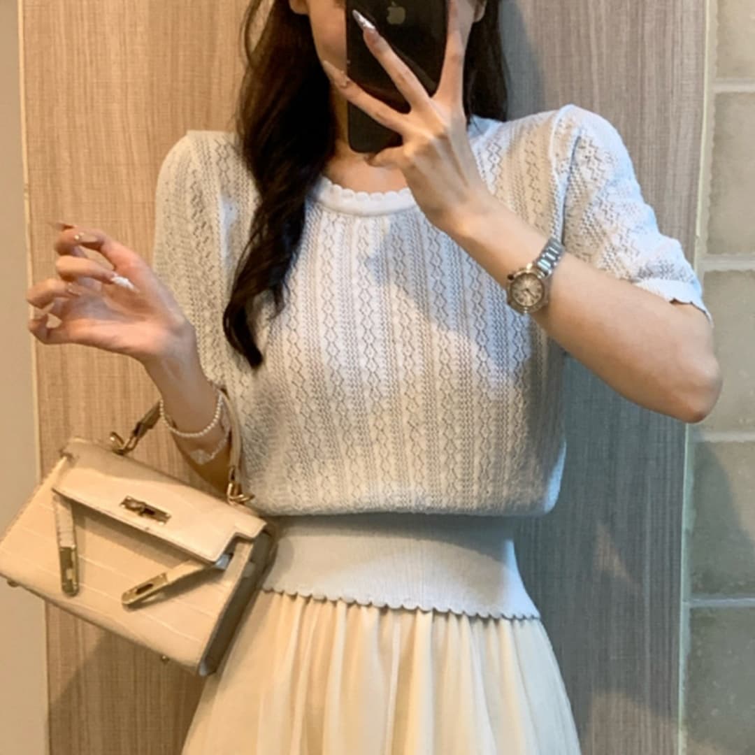 프랑스식 황색 홀로우 아웃 니트 스웨터 반팔 여성 여름 고유 한 아름다운 라운드 넥 허리 수축 작은 샤넬 스타일 품격 티셔츠 맨위 이미지 2