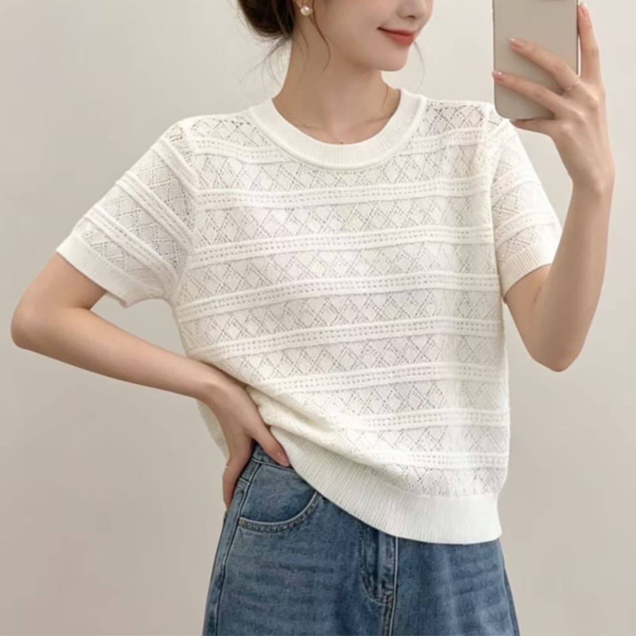 프랑스식 홀로우 아웃 외국 가스 니트 스웨터 여름 다용도 반팔 새로운 니트 품격 패션 라운드 넥 절묘한 여성 셔츠 이미지 2