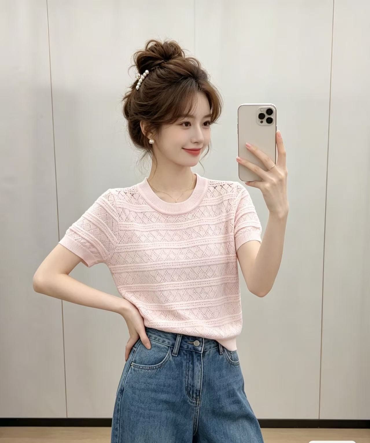 프랑스식 홀로우 아웃 외국 가스 니트 스웨터 여름 다용도 반팔 새로운 니트 품격 패션 라운드 넥 절묘한 여성 셔츠 상세 이미지 2