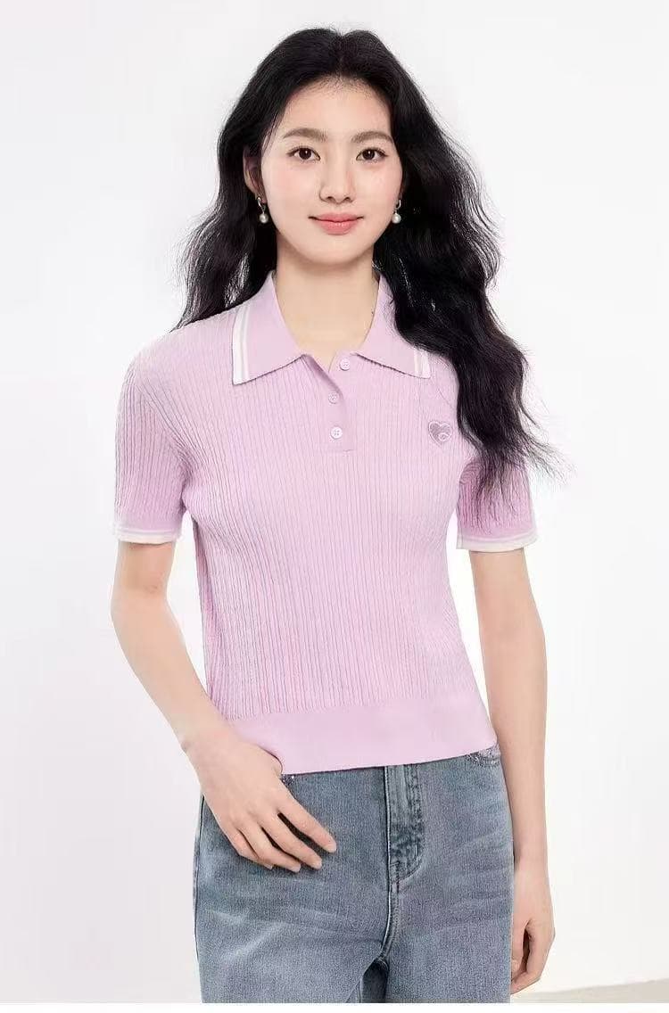 반팔 니트 스웨터 2026 여름 새로운 여성 의류 폴로 칼라 티셔츠 캐주얼 다용도 니트 맨위 상세 이미지 6