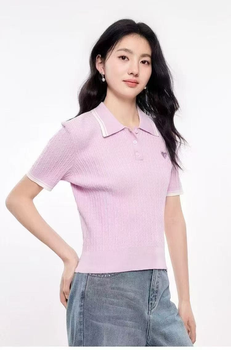 반팔 니트 스웨터 2026 여름 새로운 여성 의류 폴로 칼라 티셔츠 캐주얼 다용도 니트 맨위 상세 이미지 7