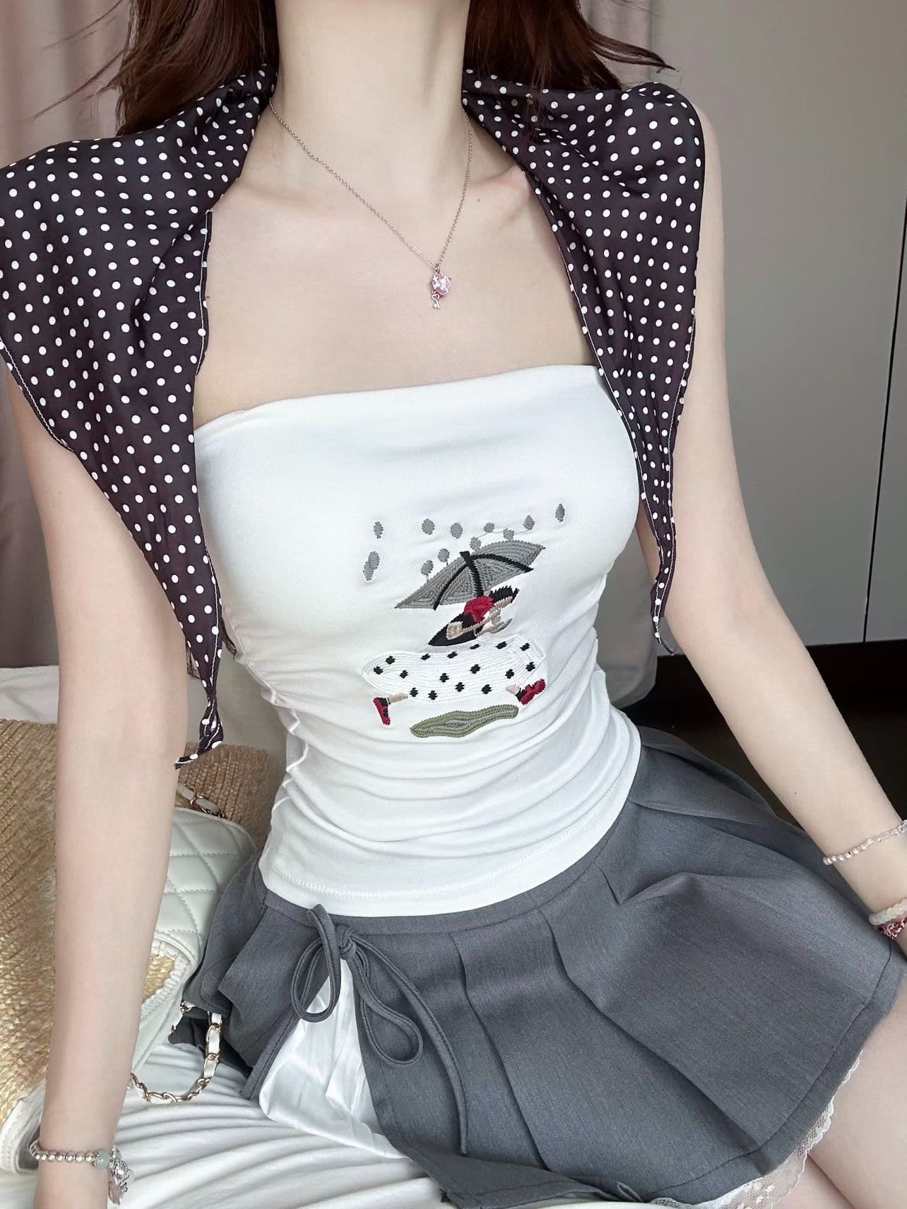 한 부서 핫걸 바람 프린트 한 단어 와이 작은 조끼 여성 여름 새로운 벨트 가슴 패드 경기 넥타이 패션 민소매 맨위 상세 이미지 24