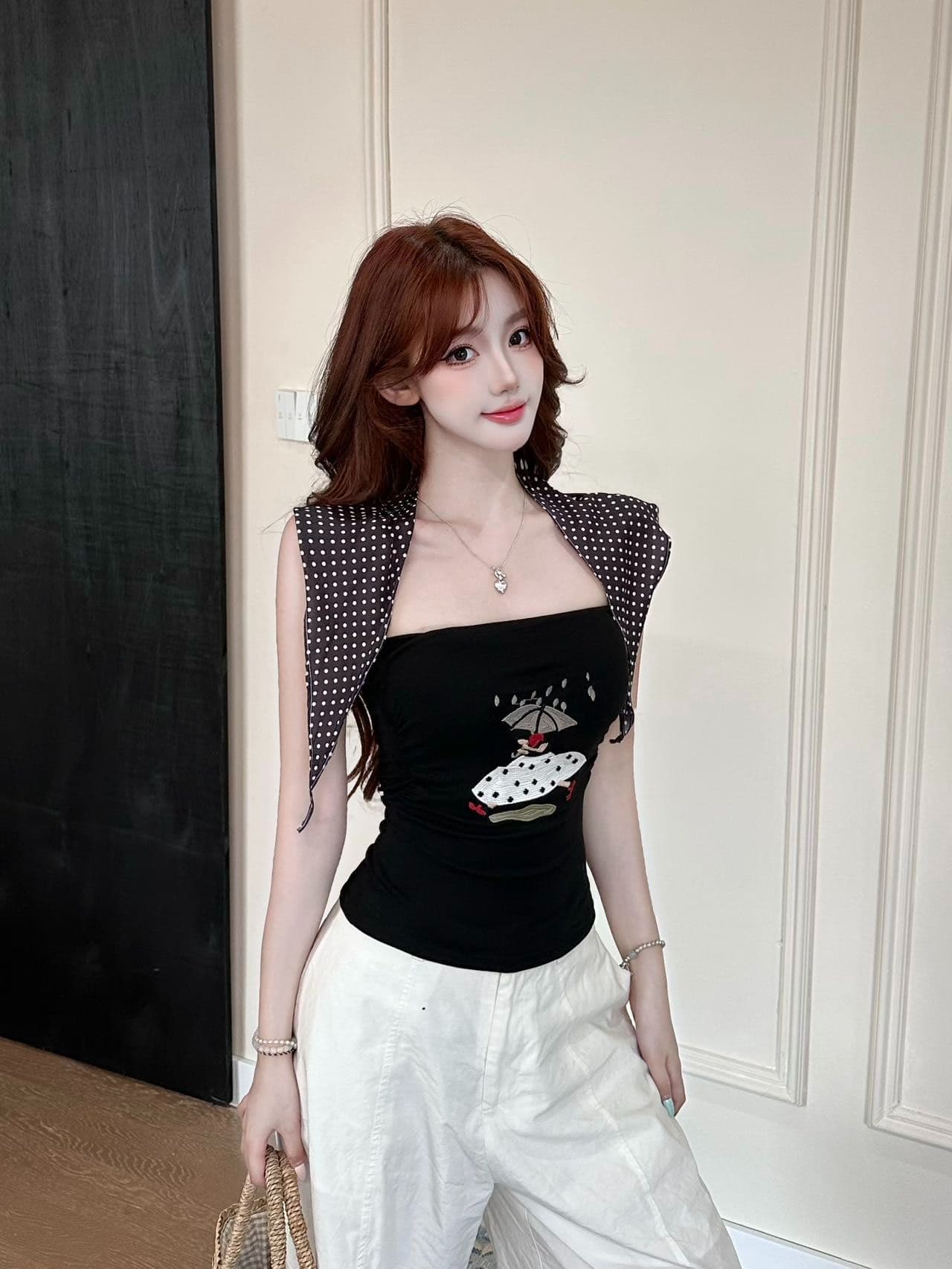 한 부서 핫걸 바람 프린트 한 단어 와이 작은 조끼 여성 여름 새로운 벨트 가슴 패드 경기 넥타이 패션 민소매 맨위 상세 이미지 31