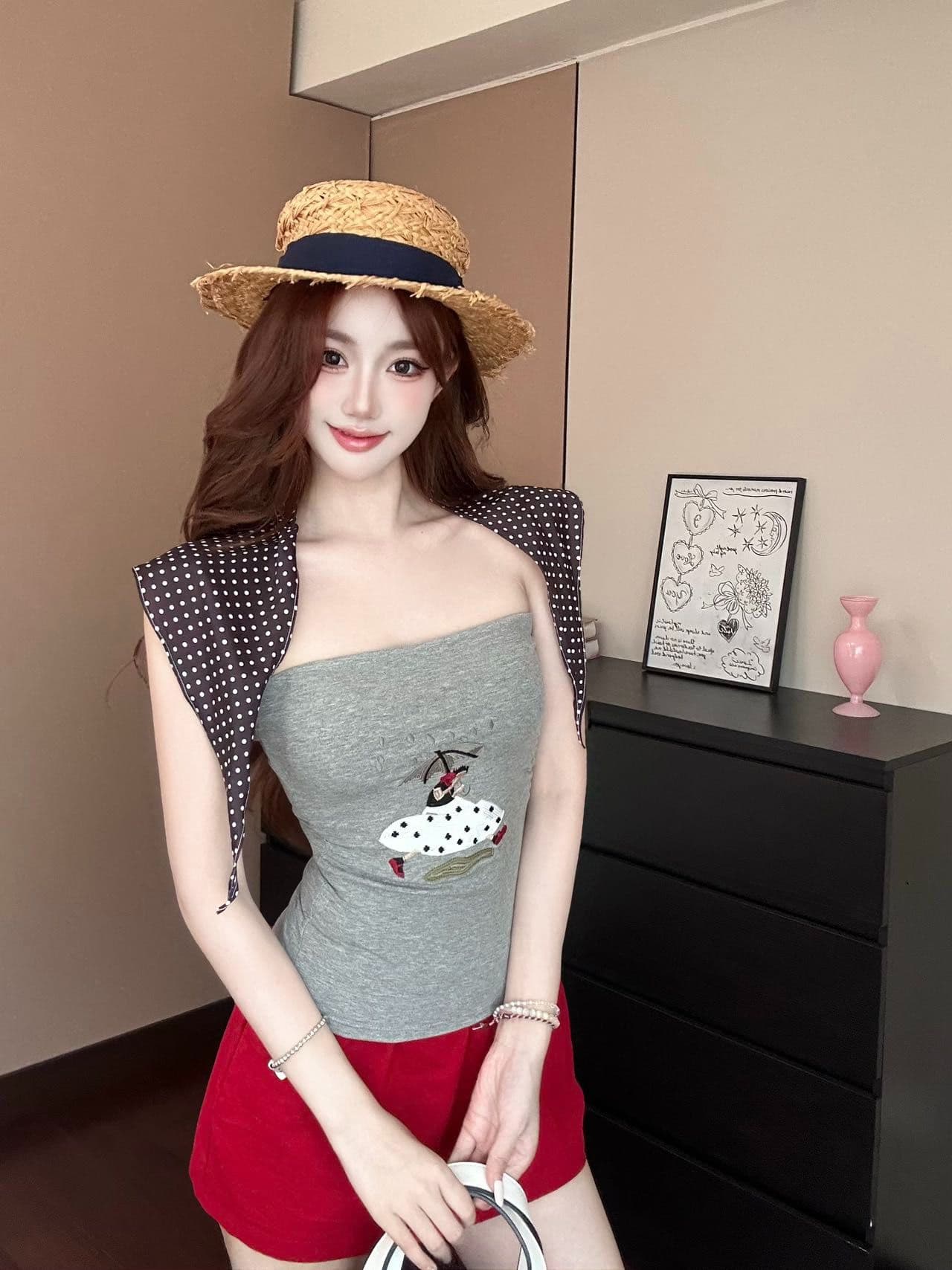 한 부서 핫걸 바람 프린트 한 단어 와이 작은 조끼 여성 여름 새로운 벨트 가슴 패드 경기 넥타이 패션 민소매 맨위 상세 이미지 36