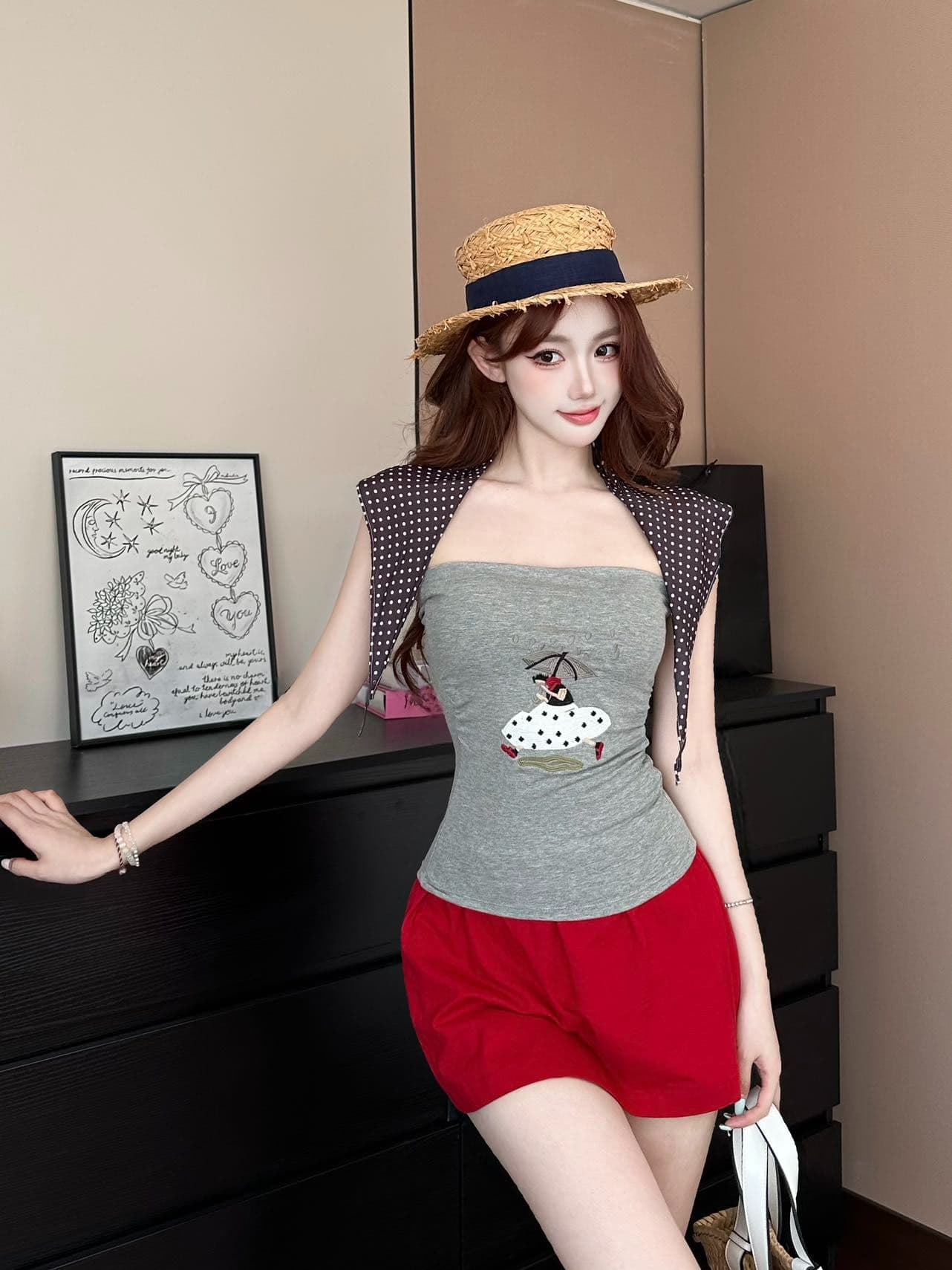 한 부서 핫걸 바람 프린트 한 단어 와이 작은 조끼 여성 여름 새로운 벨트 가슴 패드 경기 넥타이 패션 민소매 맨위 상세 이미지 40